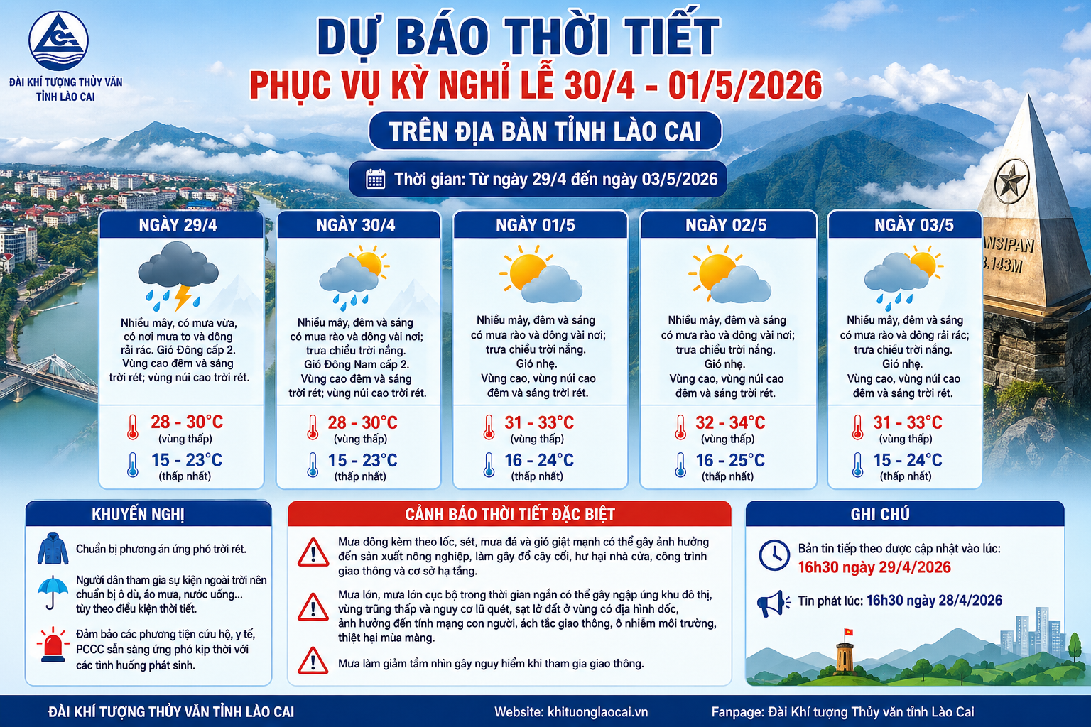 Dự báo thời tiết dịp nghỉ lễ 30/4 - 01/5 năm 2026 khu vực tỉnh Lào Cai