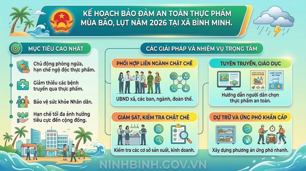 Kế hoạch bảo đảm an toàn thực phẩm mùa bão, lụt năm 2026 tại xã Bình Minh 