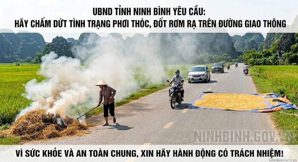 Ninh Bình: Kiên quyết xử lý tình trạng đốt rơm rạ và phơi thóc sai quy định trong vụ lúa Xuân 2026