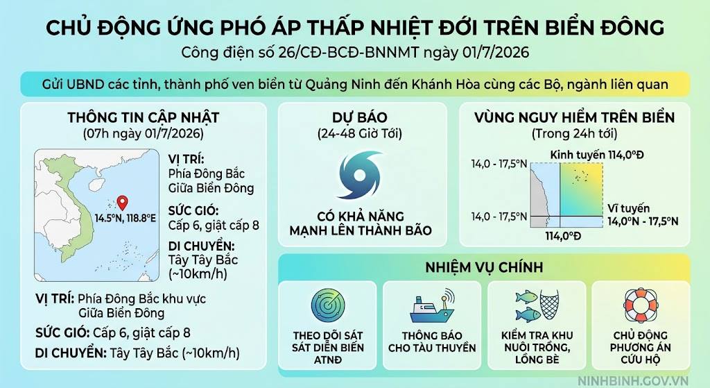 Ban chỉ đạo phòng thủ dân sự quốc gia ban hành công điện ứng phó áp thấp nhiệt đới trên Biển Đông