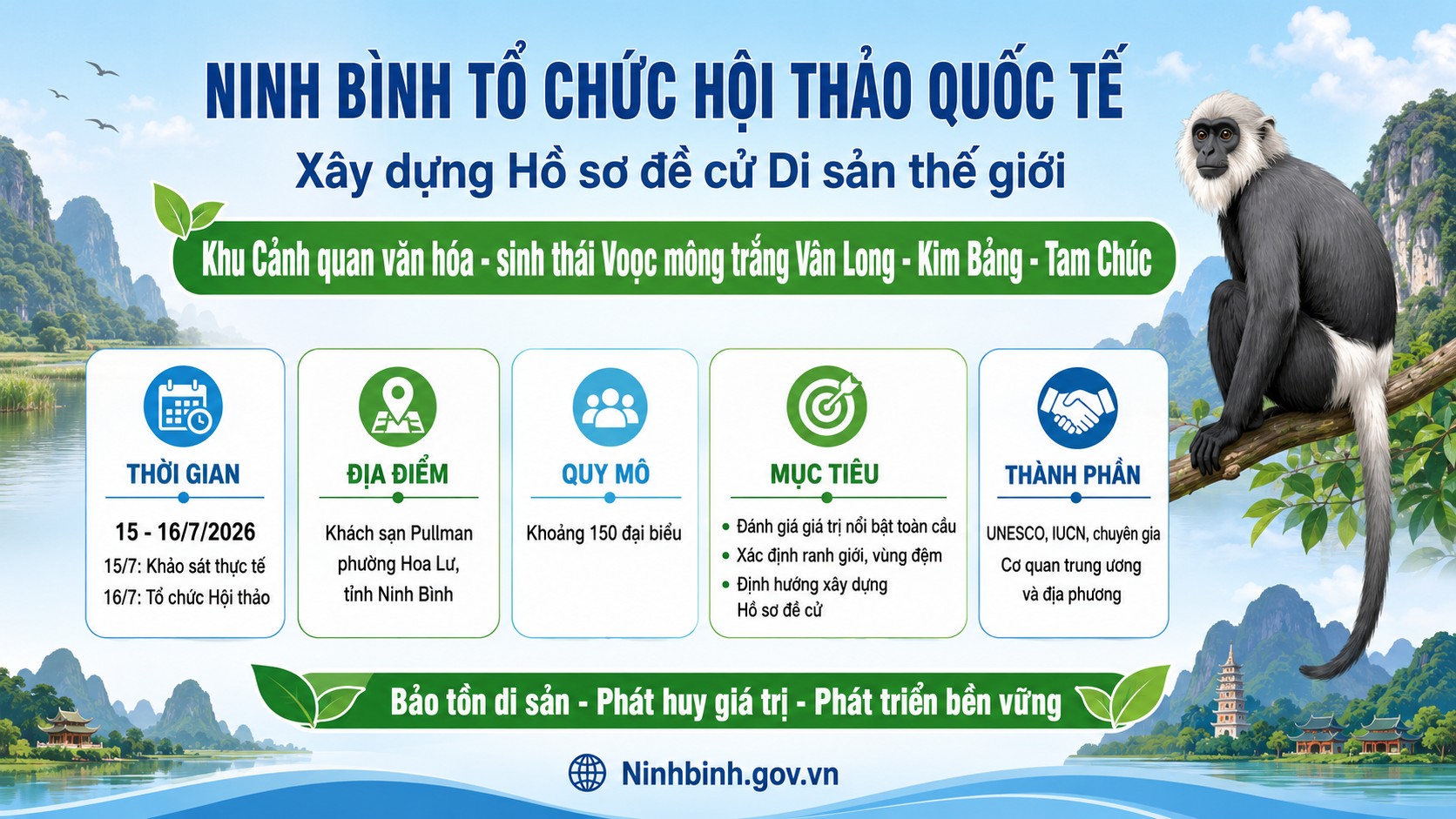 Ninh Bình tổ chức Hội thảo quốc tế “Đánh giá các giá trị nổi bật toàn cầu và định hướng xây dựng Hồ sơ đề cử Di sản thế giới khu Cảnh quan văn hóa - sinh thái Voọc mông trắng Vân Long - Kim Bảng - Tam Chúc”