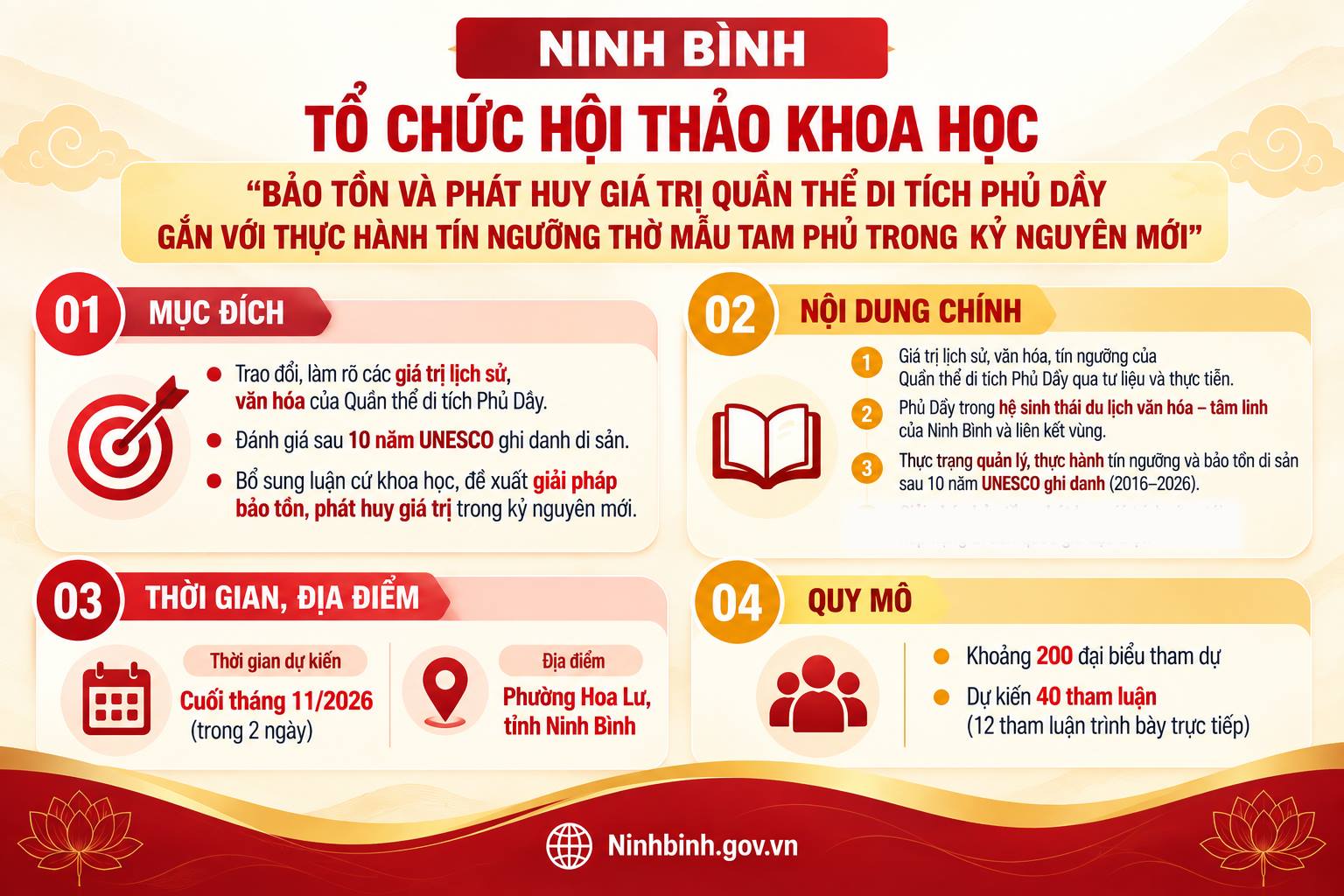 Dự kiến cuối tháng 11/2026 tỉnh Ninh Bình tổ chức Hội thảo khoa học về bảo tồn và phát huy giá trị Quần thể di tích Phủ Dầy