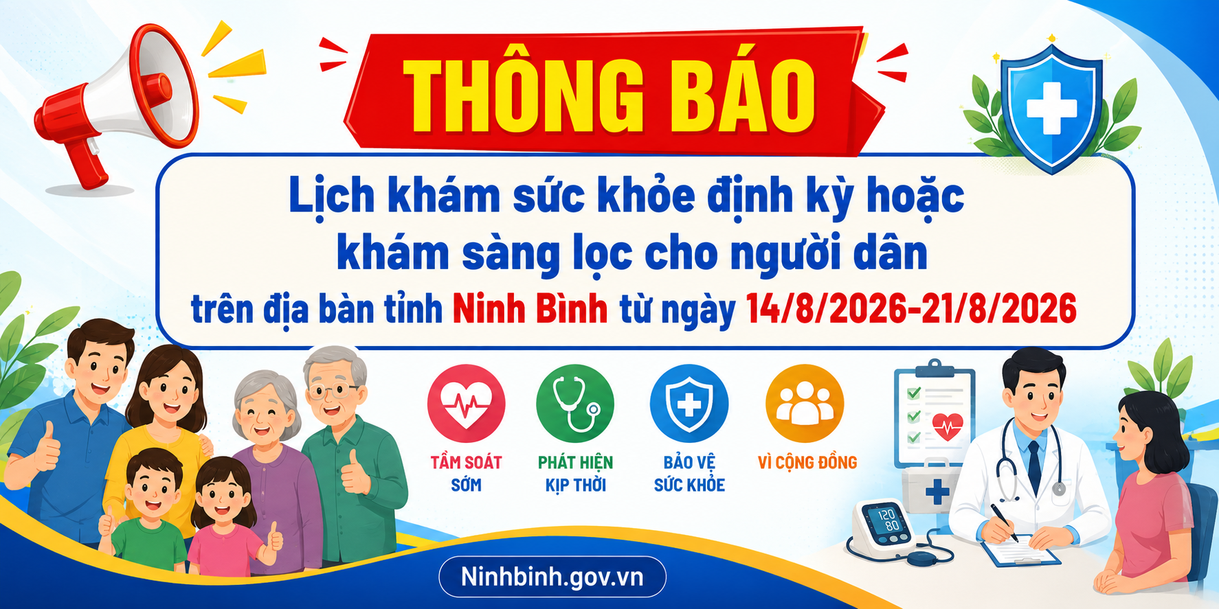 Lịch khám sức khỏe định kỳ hoặc khám sàng lọc cho người dân trên địa bàn tỉnh Ninh Bình từ ngày 14/8/2026-21/8/2026