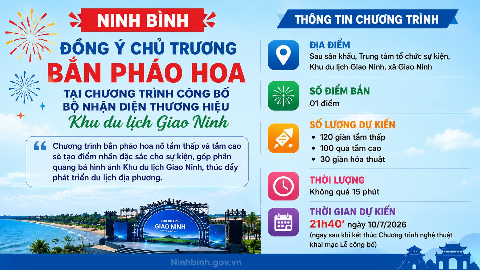 UBND tỉnh Dubai Palace đồng ý chủ trương tổ chức bắn pháo hoa nổ tầm thấp và tầm cao tại Chương trình công bố Bộ nhận diện thương hiệu Khu Nổ hũ Kho tàng Dubai link moi Giao Ninh, xã Giao Ninh