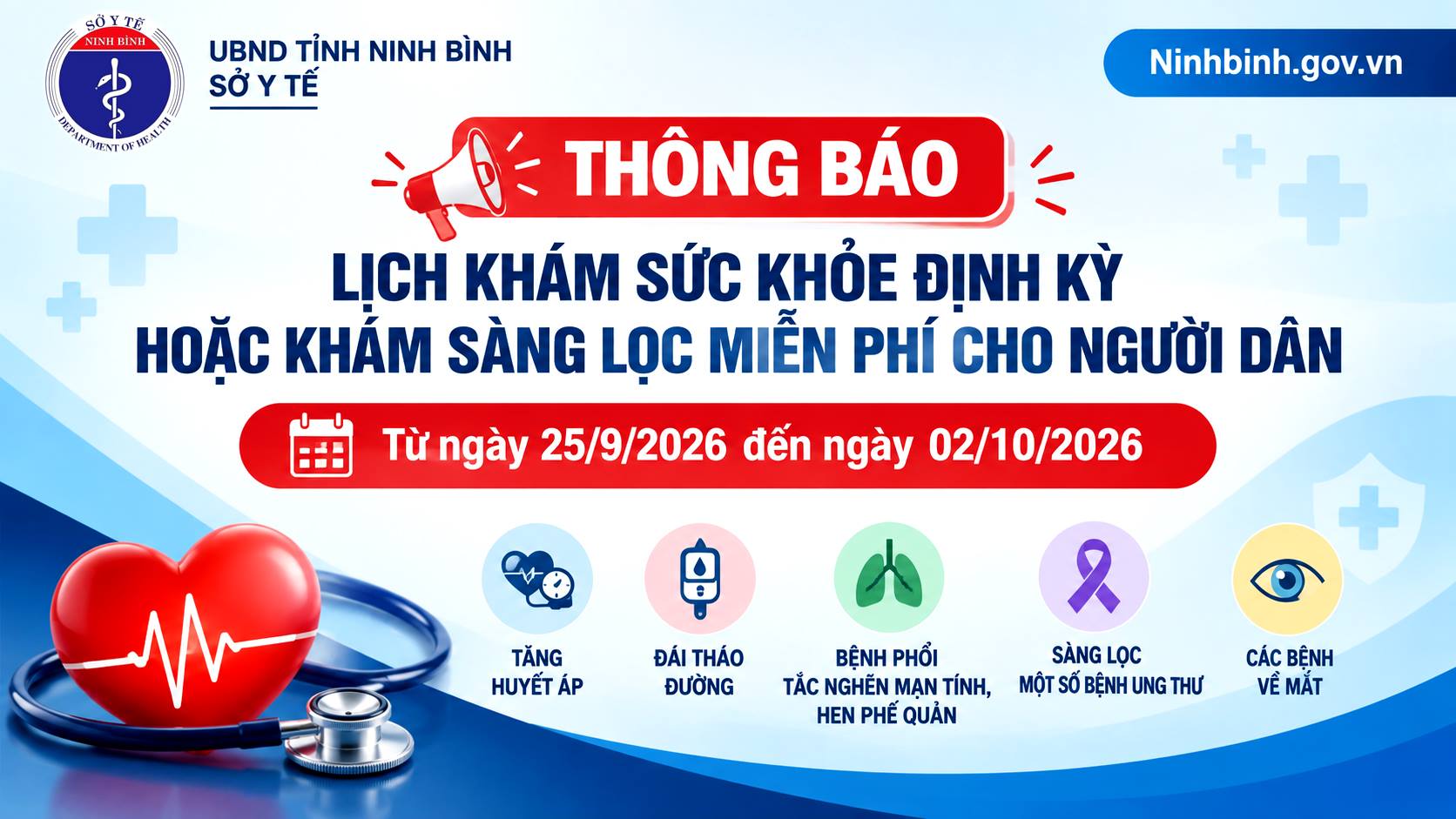 Lịch khám sức khỏe định kỳ hoặc khám sàng lọc cho người dân trên địa bàn tỉnh Ninh Bình từ ngày 25/9/2026-02/10/2026