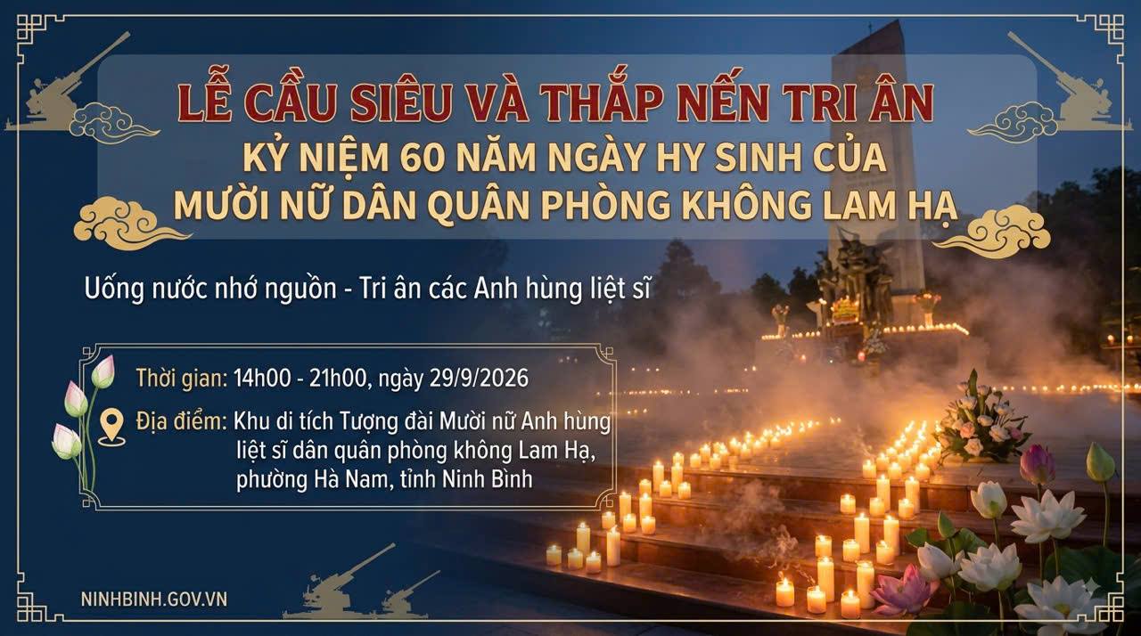 Ninh Bình tổ chức Lễ cầu siêu và thắp nến tri ân kỷ niệm 60 năm Ngày hy sinh của Mười nữ dân quân phòng không Lam Hạ