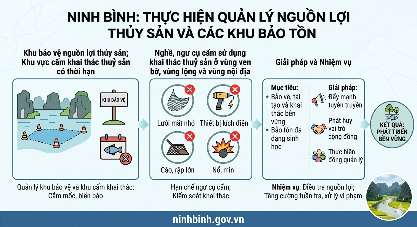 Ninh Bình thực hiện quản lý khu bảo vệ nguồn lợi thủy sản; khu vực cấm khai thác thuỷ sản có thời hạn; nghề, ngư cụ cấm sử dụng khai thác thuỷ sản ở vùng ven bờ, vùng lộng và vùng nội địa