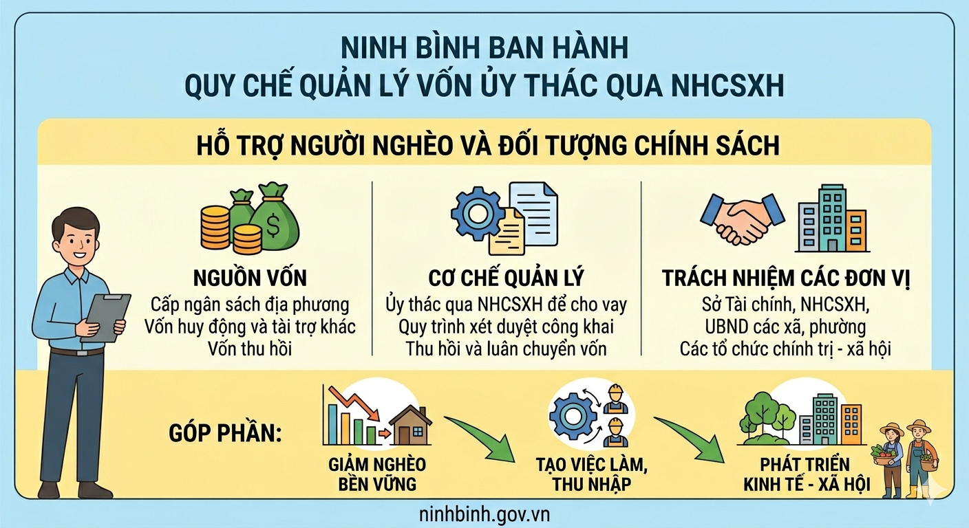 Ninh Bình ban hành Quy chế quản lý và sử dụng nguồn vốn ngân sách địa phương uỷ thác qua Ngân hàng Chính sách xã hội để cho vay đối với người nghèo và các đối tượng chính sách khác trên địa bàn tỉnh.