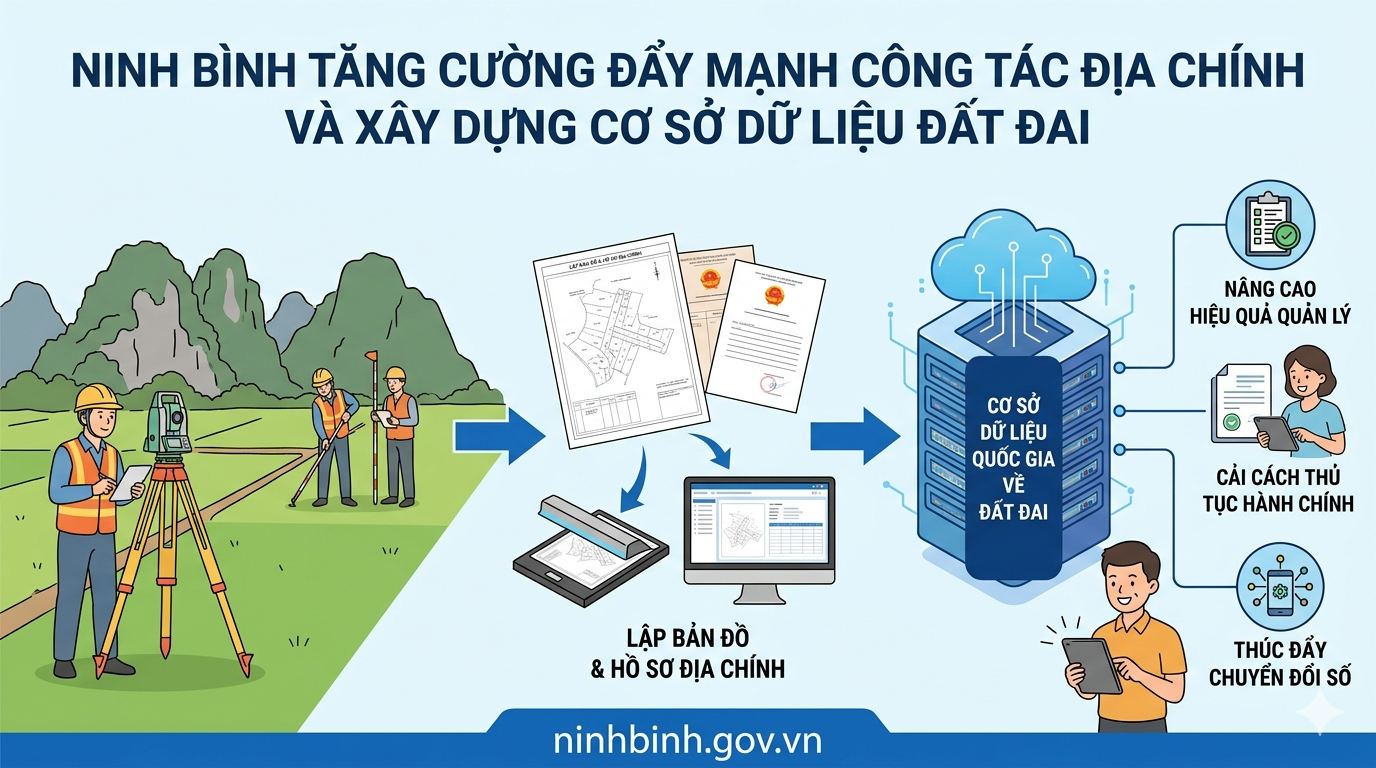 Ninh Bình: Tăng cường đẩy mạnh công tác đo đạc, lập bản đồ địa chính, lập hồ sơ địa chính và xây dựng, hoàn thiện cơ sở dữ liệu quốc gia về đất đai năm 2026