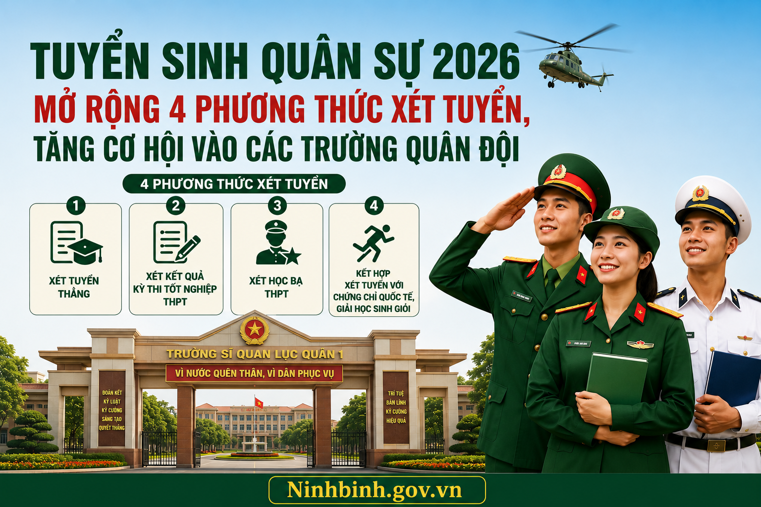 Tuyển sinh quân sự 2026: Mở rộng 4 phương thức xét tuyển, tăng cơ hội vào các trường Quân đội