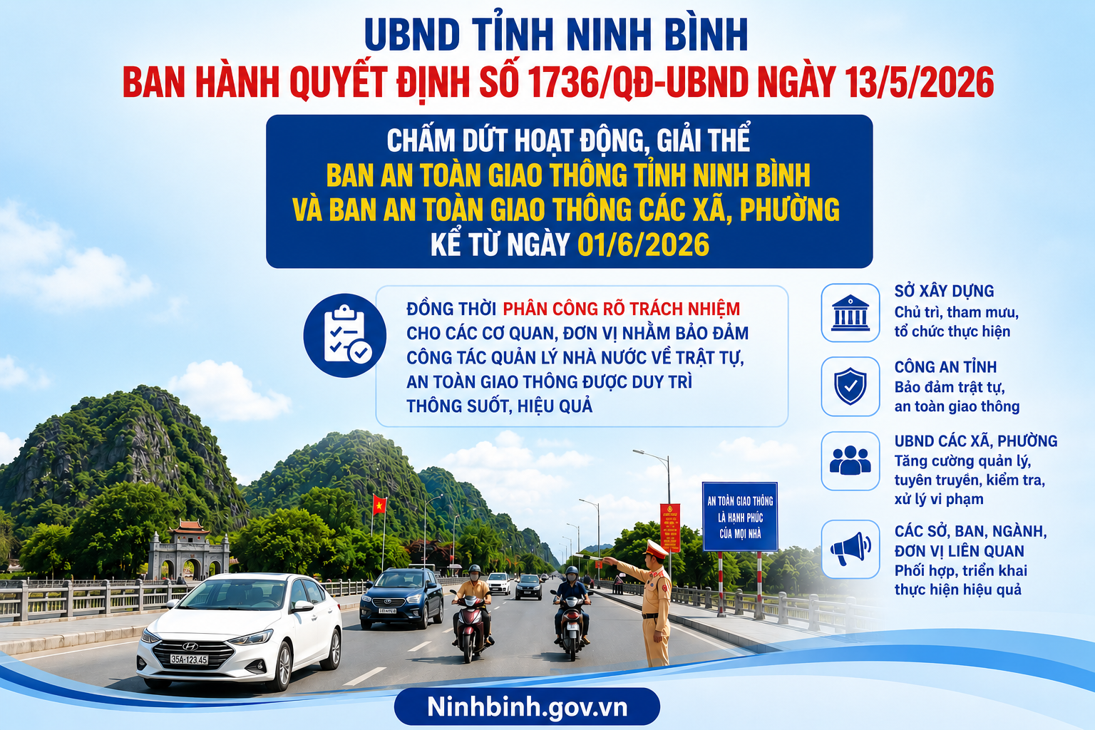 Giải thể Ban An toàn giao thông tỉnh Ninh Bình và Ban An toàn giao thông các xã, phường kể từ ngày 01/6/2026