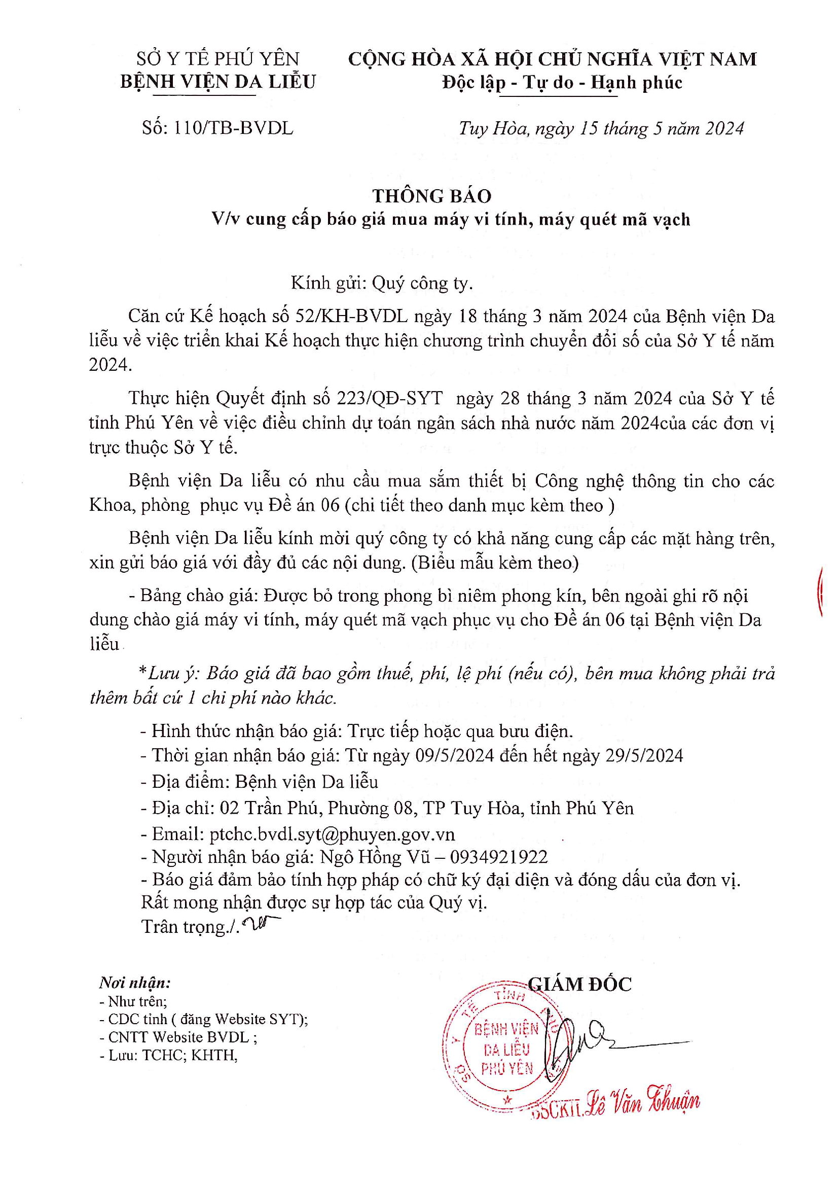 Thư mời chào giá máy vi tính và máy đọc CCCD tại Bệnh viện Da liễu