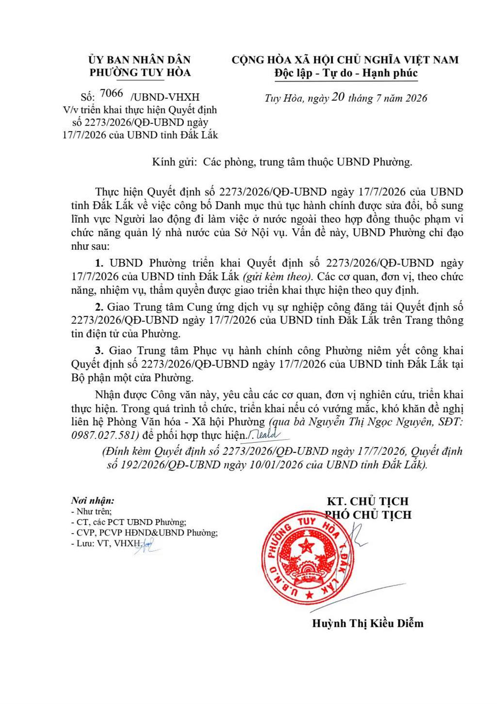Về việc triển khai thực hiện Quyết định số 2273/2026/QĐ-UBND ngày 17/7/2026 của UBND tỉnh Đắk Lắk
