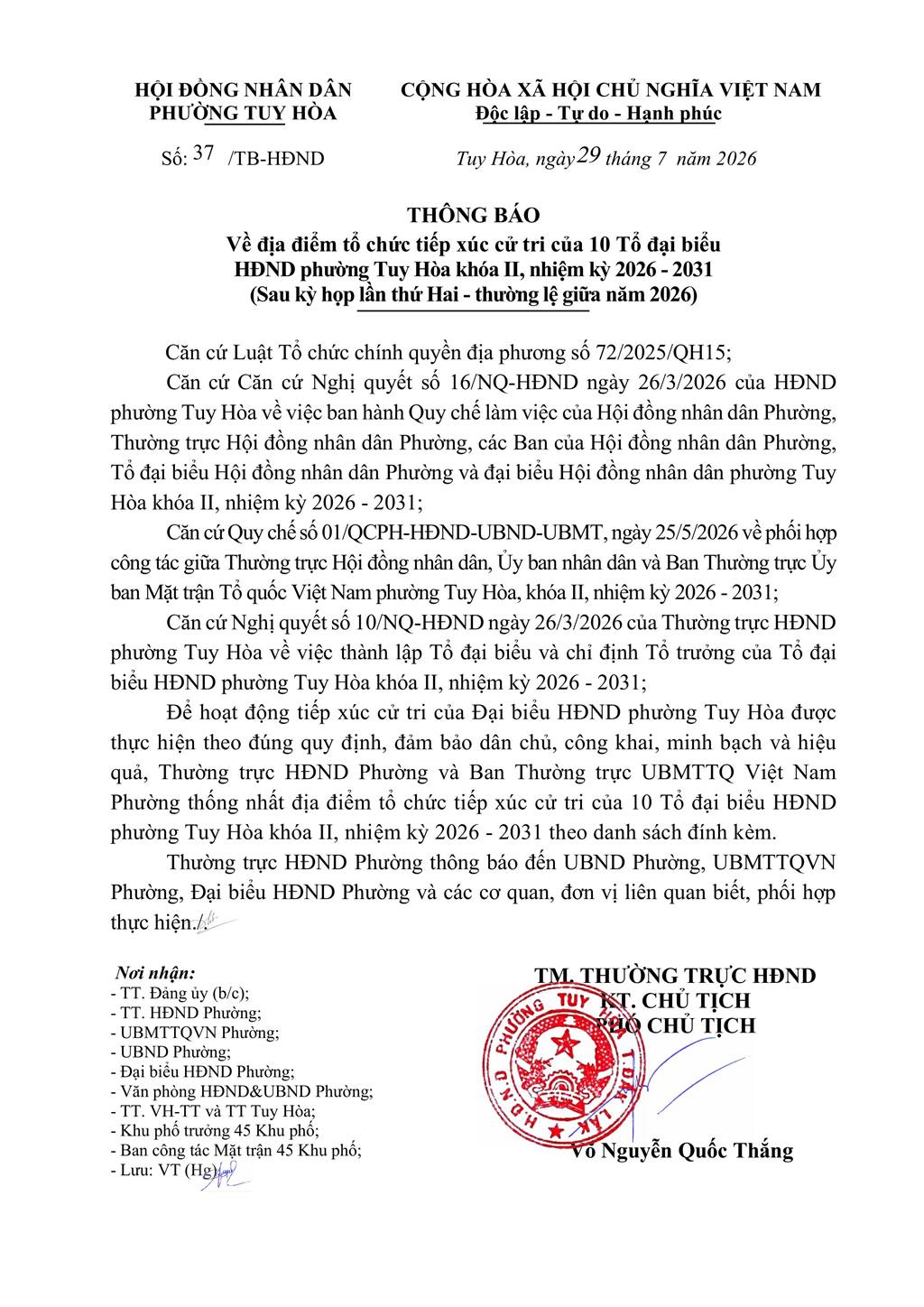 THÔNG BÁO Về địa điểm tổ chức tiếp xúc cử tri của 10 Tổ đại biểu HĐND phường Tuy Hòa khóa II, nhiệm kỳ 2026 - 2031 (Sau kỳ họp lần thứ Hai - thường lệ giữa năm 2026)
