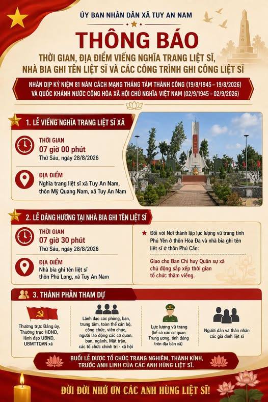 THÔNG BÁO VIẾNG NGHĨA TRANG LIỆT SĨ, DÂNG HƯƠNG NHÀ BIA GHI TÊN LIỆT SĨ NHÂN DỊP QUỐC KHÁNH 02/9
