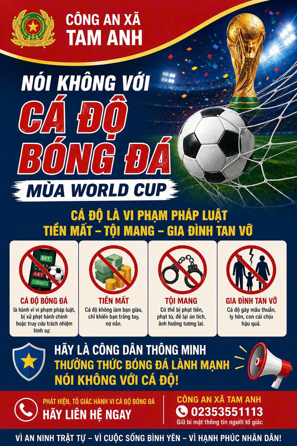 Công an xã Tam Anh khuyến cáo người dân cảnh giác với cá độ bóng đá mùa World Cup 2026 và thủ đoạn lừa đảo du lịch trực tuyến