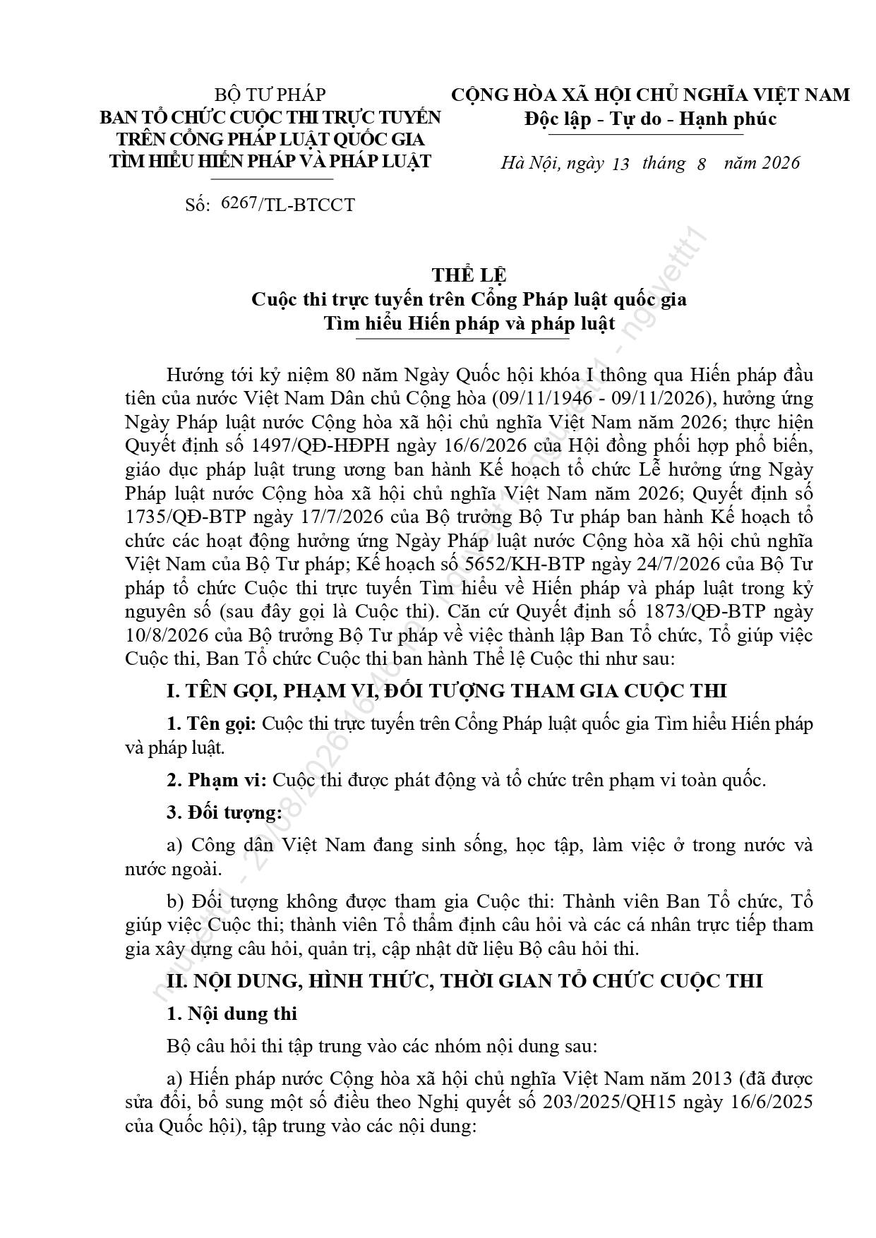 THỂ LỆ CUỘC THI TRỰC TUYẾN TRÊN CỔNG PHÁP LUẬT QUỐC GIA TÌM HIỂU HIẾN PHÁP VÀ PHÁP LUẬT