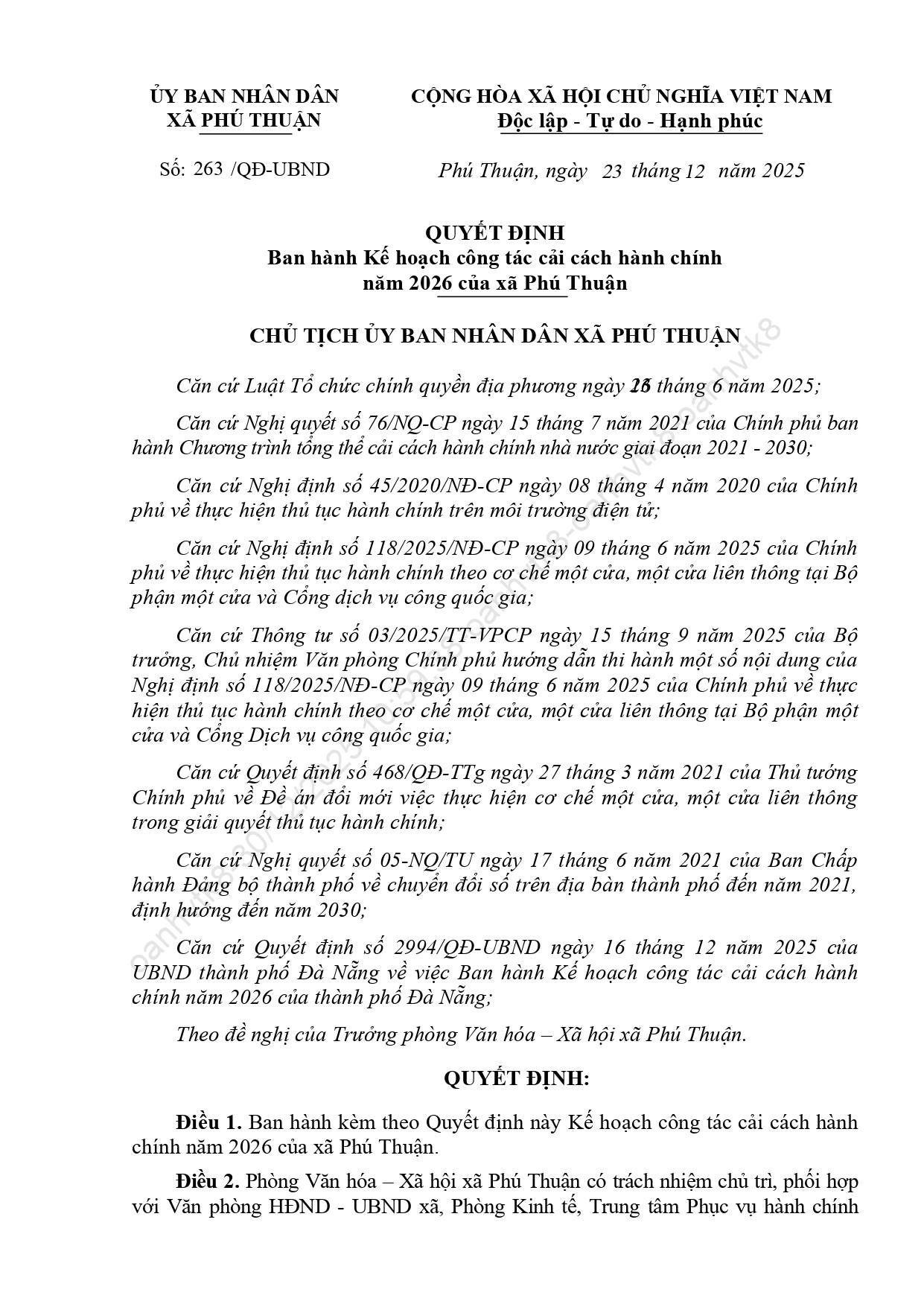 Quyết định ban hành Kế hoạch cải cách hành chính năm 2026