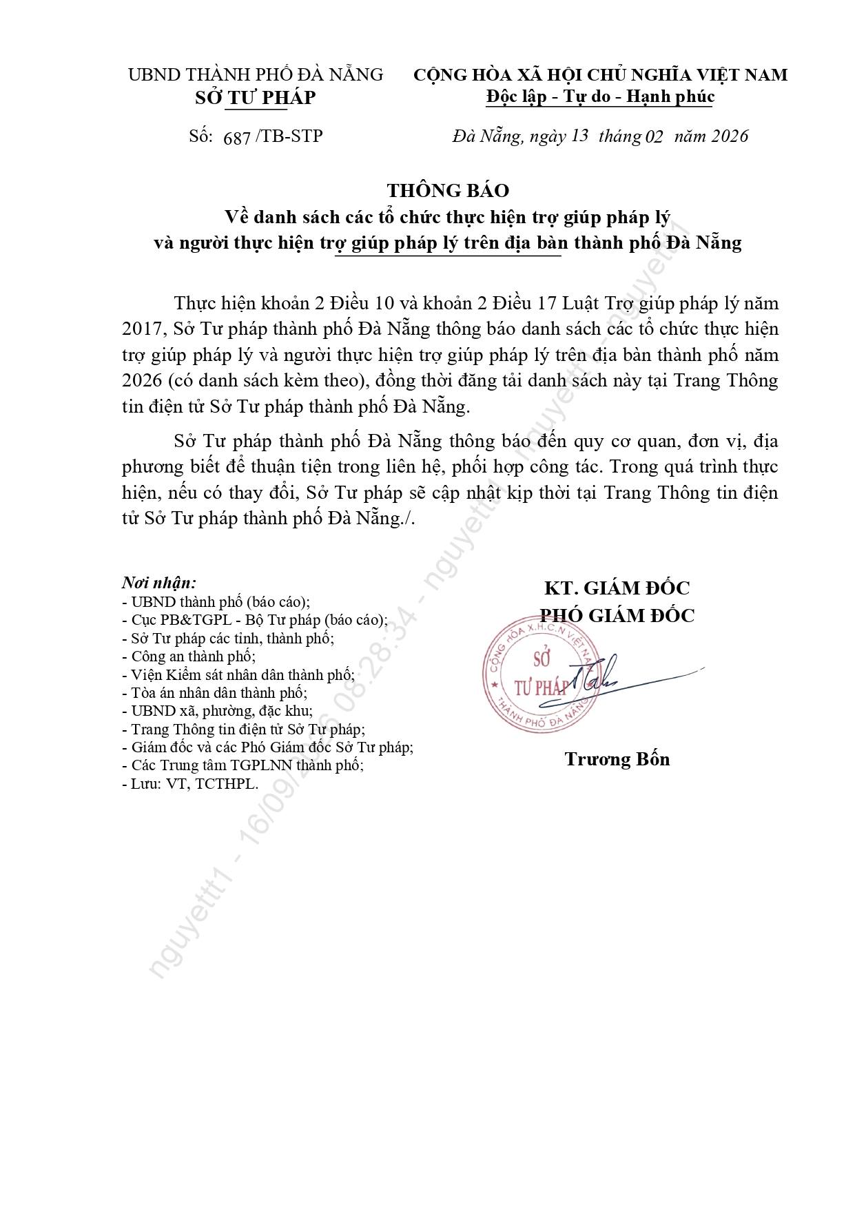 THÔNG BÁO VỀ DANH SÁCH CÁC TỔ CHỨC THỰC HIỆN TRỢ GIÚP PHÁP LÝ VÀ NGƯỜI THỰC HIỆN TRỢ GIÚP PHÁP LÝ TRÊN ĐỊA BÀN THÀNH PHỐ ĐÀ NẴNG