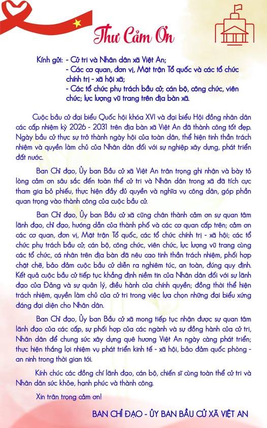 THƯ CẢM ƠN CỦA BAN CHỈ ĐẠO - ỦY BAN BẦU CỬ XÃ VIỆT AN