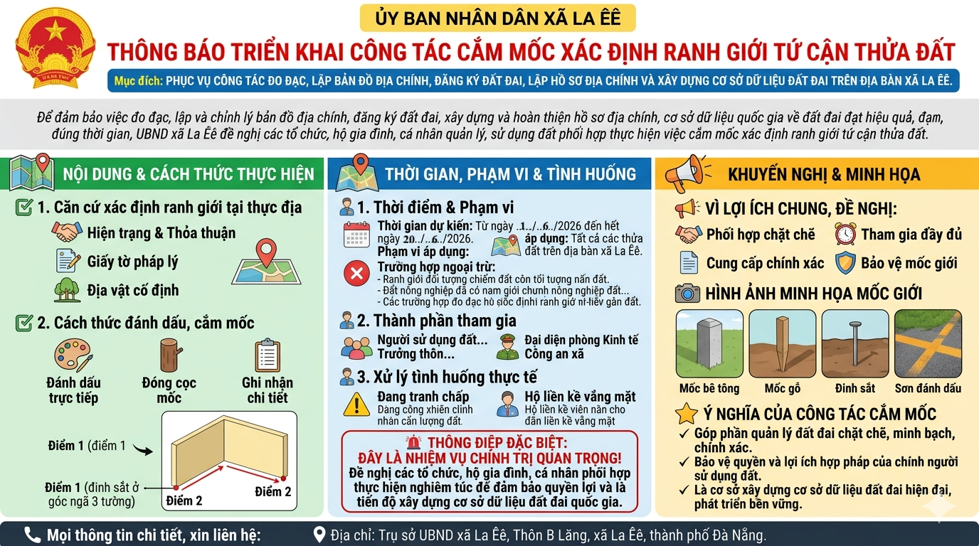 THÔNG BÁO TRIỂN KHAI CÔNG TÁC CẮM MỐC XÁC ĐỊNH RANG GIỚI TỨ CẬN THỬA ĐẤT