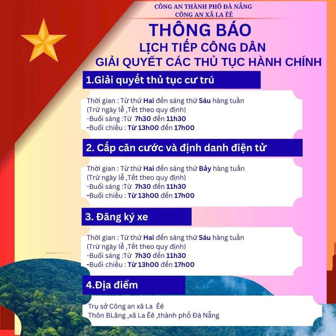 LỊCH TIẾP CÔNG DÂN VÀ GIẢI QUYẾT CÁC THỦ TỤC HÀNH CHÍNH CÔNG AN XÃ LA ÊÊ