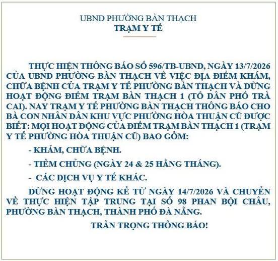 📢 THÔNG BÁO VỀ ĐỊA ĐIỂM KHÁM, CHỮA BỆNH CỦA TRẠM Y TẾ PHƯỜNG BÀN THẠCH