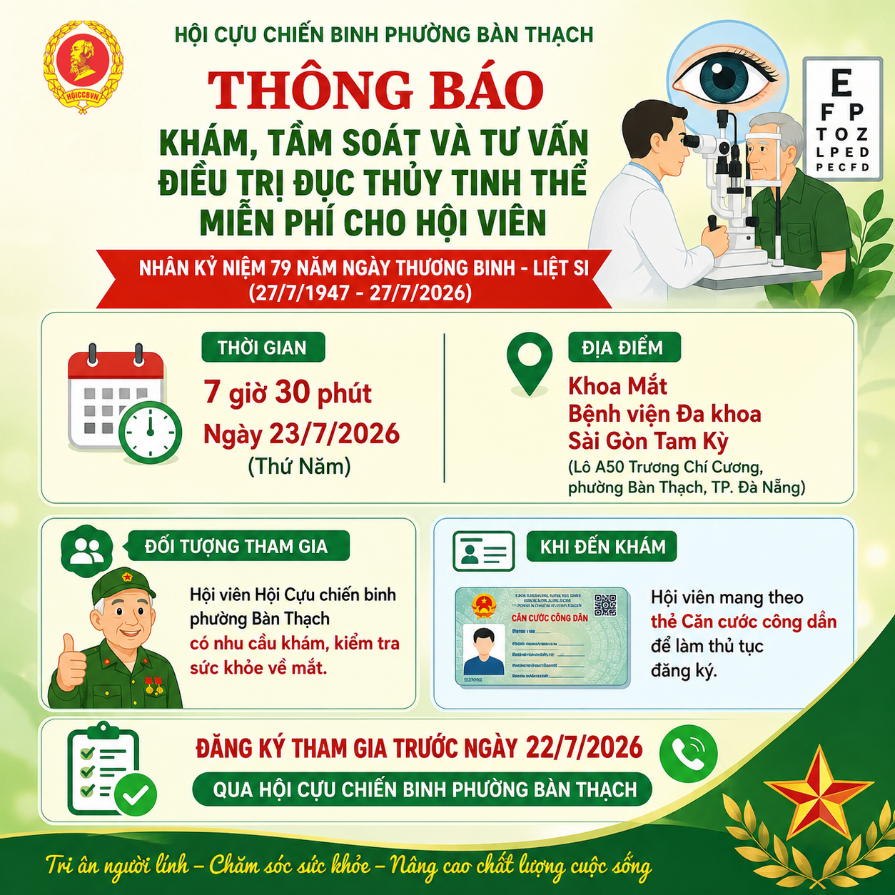 Hội Cựu chiến binh phường Bàn Thạch tổ chức khám, tầm soát và hỗ trợ điều trị đục thủy tinh thể miễn phí cho hội viên