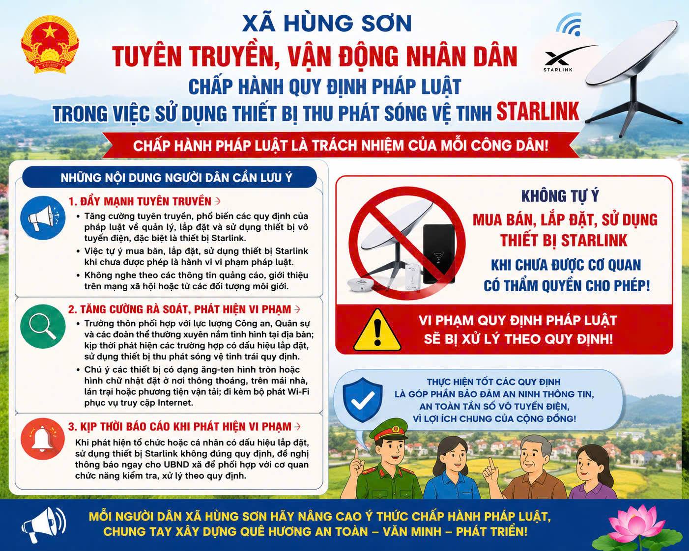 XÃ HÙNG SƠN TĂNG CƯỜNG TUYÊN TRUYỀN, VẬN ĐỘNG NHÂN DÂN CHẤP HÀNH QUY ĐỊNH PHÁP LUẬT VỀ SỬ DỤNG THIẾT BỊ STARLINK