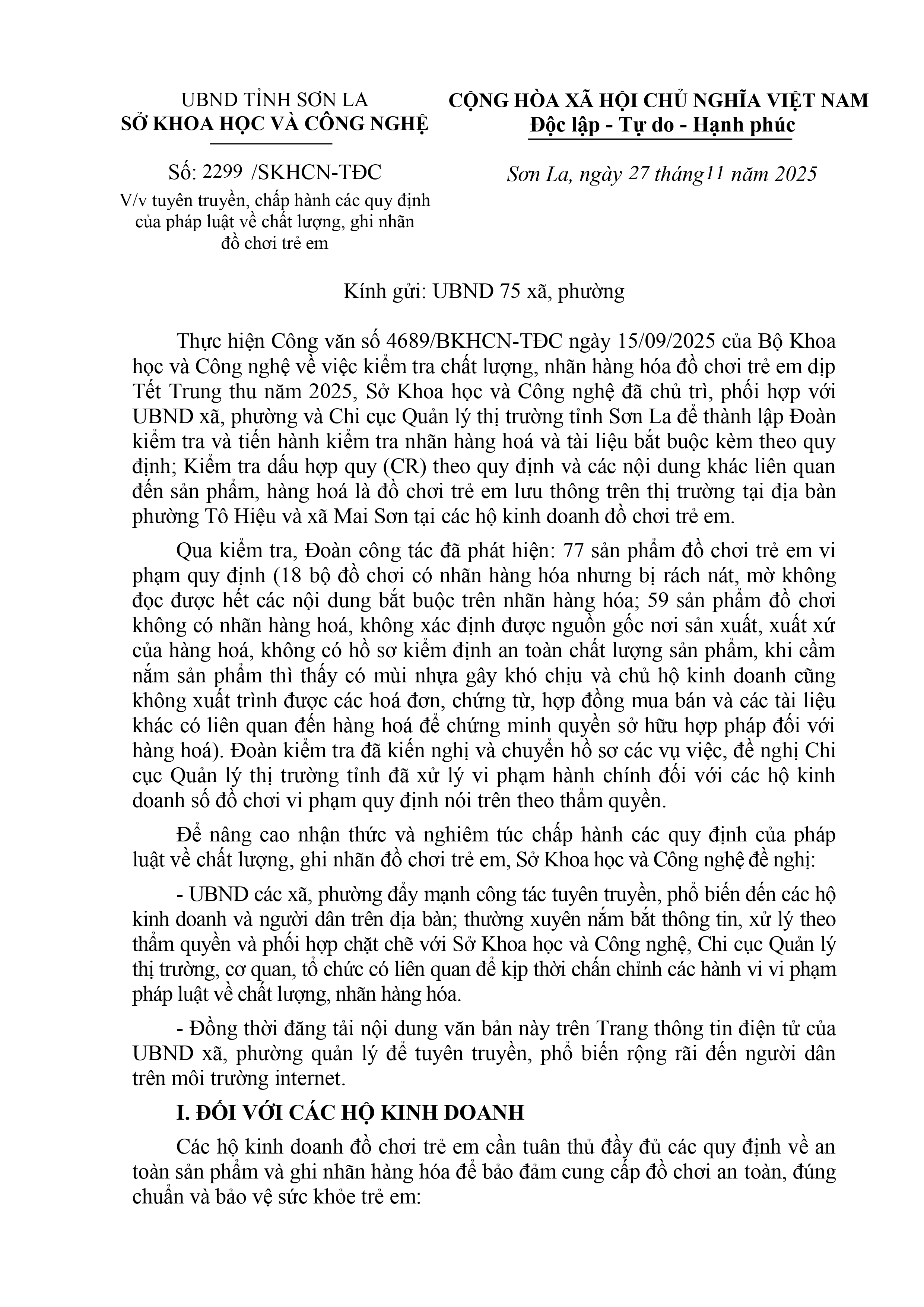 Công văn số 2299/SKHCN-TĐC tuyên truyền, chấp hành các quy định của pháp luật về chất lượng, ghi nhãn đồ chơi trẻ em