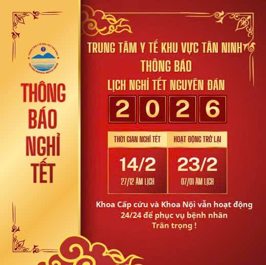 THÔNG BÁO NGHỈ TẾT TRUNG TÂM TẾ KHU VỰC TÂN NINH