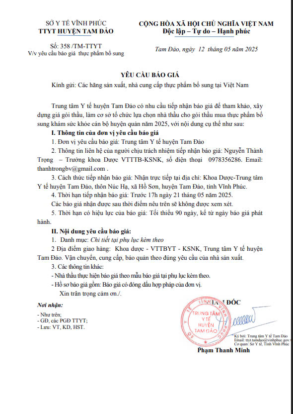 Số: 358 /TM-TTYT V/v yêu cầu báo giá  thực phẩm bổ sung