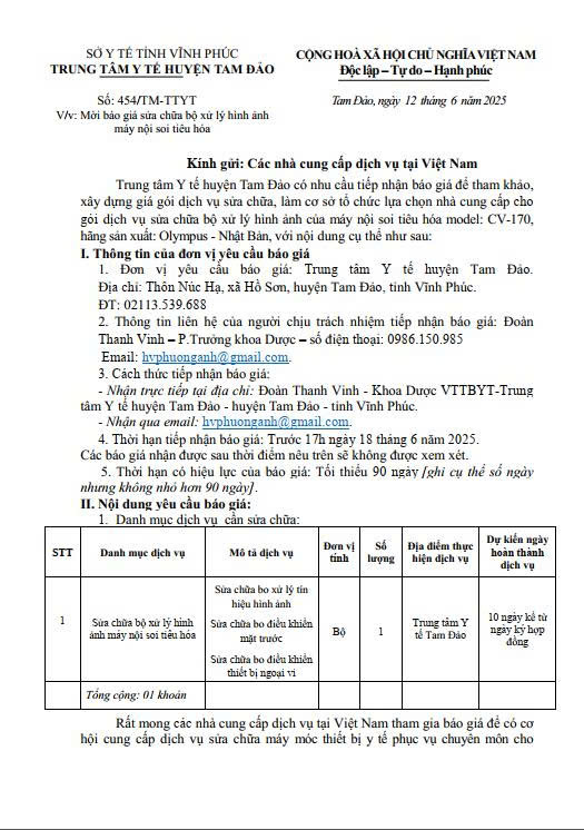 V/v: Mời báo giá sửa chữa bộ xử lý hình ảnh  máy nội soi tiêu hóa