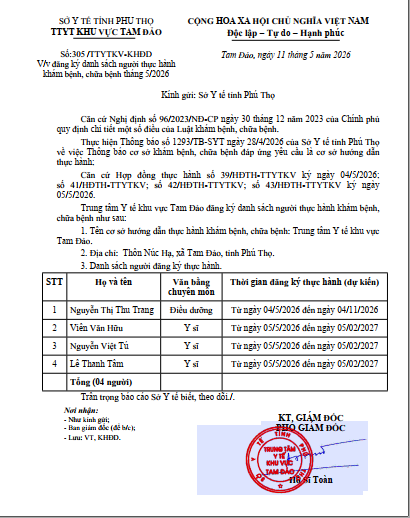 Số:305 /TTYTKV-KHĐD V/v đăng ký danh sách người thực hành khám bệnh, chữa bệnh tháng 5/2026