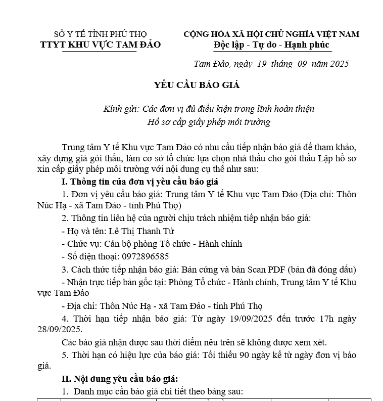 YÊU CẦU BÁO GIÁ: Kính gửi: Các đơn vị đủ điều kiện trong lĩnh hoàn thiện  Hồ sơ cấp giấy phép môi trường