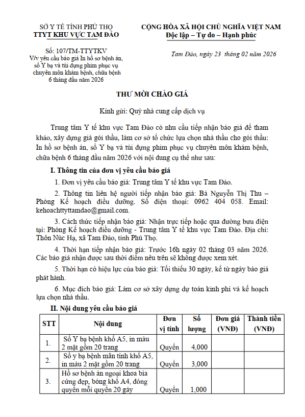 Số: 107/TM-TTYTKV V/v yêu cầu báo giá In hồ sơ bệnh án, sổ Y bạ và túi đựng phim phục vụ chuyên môn khám bệnh, chữa bệnh 6 tháng đầu năm 2026
