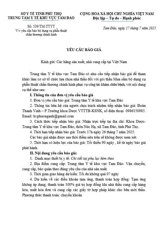 V/v yêu cầu báo bộ dụng cụ phẫu thuật  chấn thương chỉnh hình