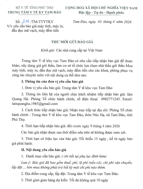 Số: 216/TM-TTYTKV V/v yêu cầu báo giá máy tính, máy in, đầu đọc mã vạch, máy đếm tiền