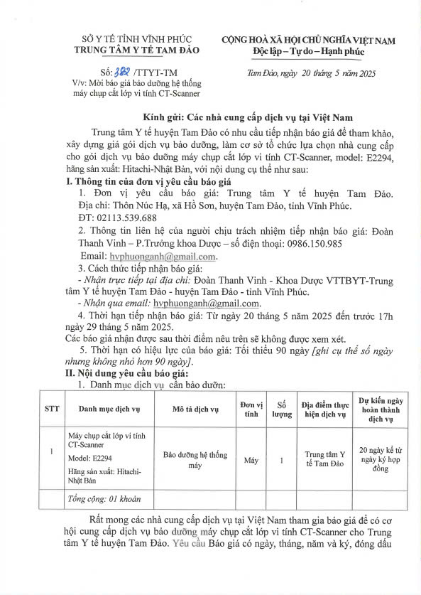 Số: 382/TTYT-TM V/v: Mời báo giá bảo dưỡng hệ thống máy chụp cắt lớp vi tính CT-Scanner