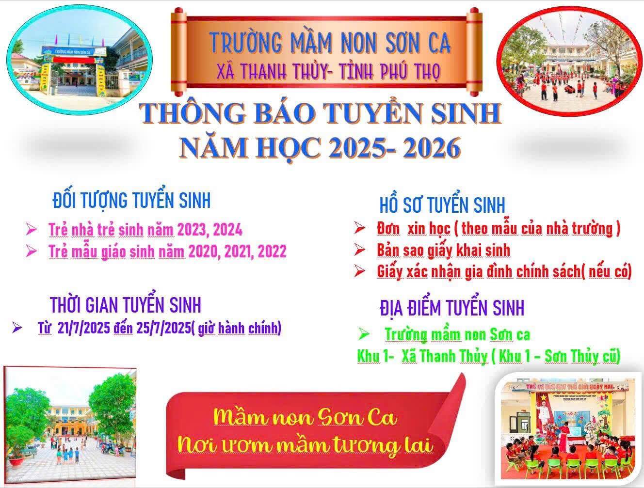 TRƯỜNG MẦM NON SƠN CA THÔNG BÁO TUYỂN SINH NĂM HỌC 2025 – 2026