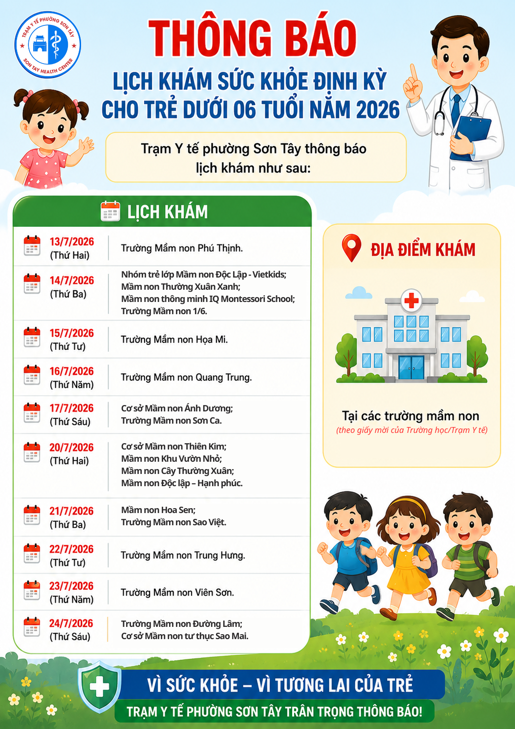 THÔNG BÁO: LỊCH KHÁM SỨC KHỎE ĐỊNH KỲ CHO TRẺ TẠI CÁC TRƯỜNG MẦM NON TRÊN ĐỊA BÀN PHƯỜNG SƠN TÂY