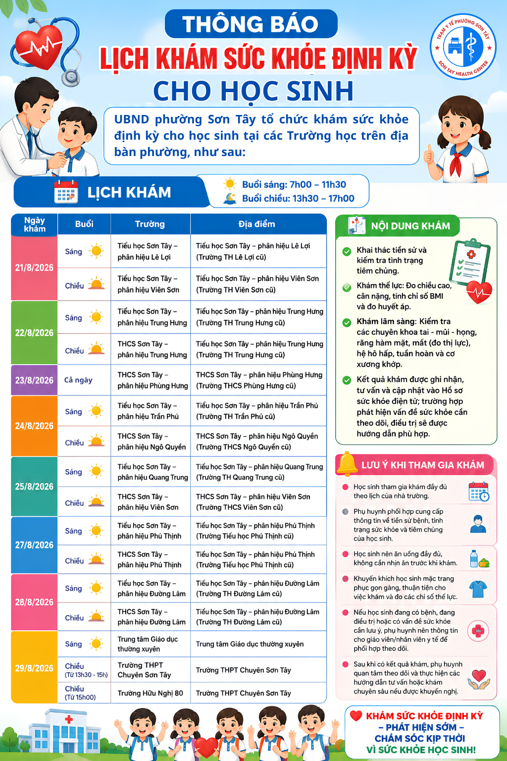 THÔNG BÁO: LỊCH KHÁM SỨC KHỎE ĐỊNH KỲ CHO HỌC SINH