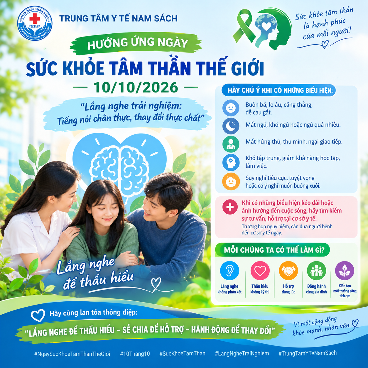 TRUNG TÂM Y TẾ NAM SÁCH HƯỞNG ỨNG NGÀY  SỨC KHỎE TÂM THẦN THẾ GIỚI 10/10/2026: Lắng nghe để thấu hiểu – cùng chung tay chăm sóc sức khỏe tâm thần