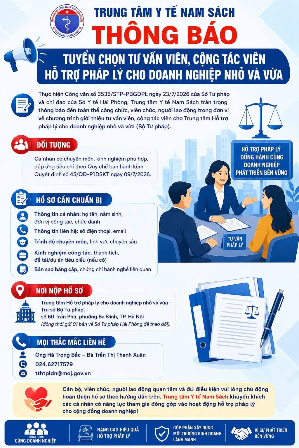 THÔNG BÁO: TUYỂN CHỌN TƯ VẤN VIÊN, CỘNG TÁC VIÊN HỖ TRỢ PHÁP LÝ CHO DOANH NGHIỆP NHỎ VÀ VỪA