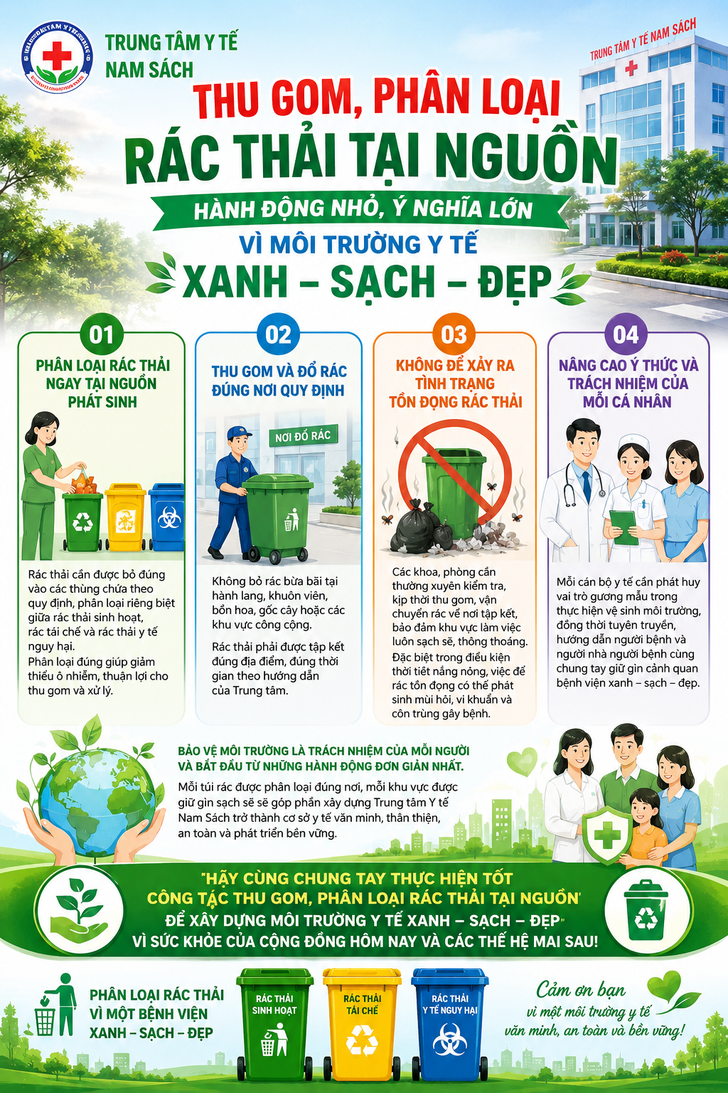 THU GOM, PHÂN LOẠI RÁC THẢI TẠI NGUỒN – HÀNH ĐỘNG NHỎ, Ý NGHĨA LỚN VÌ MÔI TRƯỜNG Y TẾ XANH – SẠCH – ĐẸP