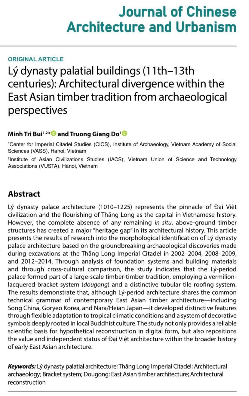 Bài tạp chí “Lý dynasty palatial buildings (11th - 13th centuries): Architectural divergence within the East Asian timber tradition from archaeological”