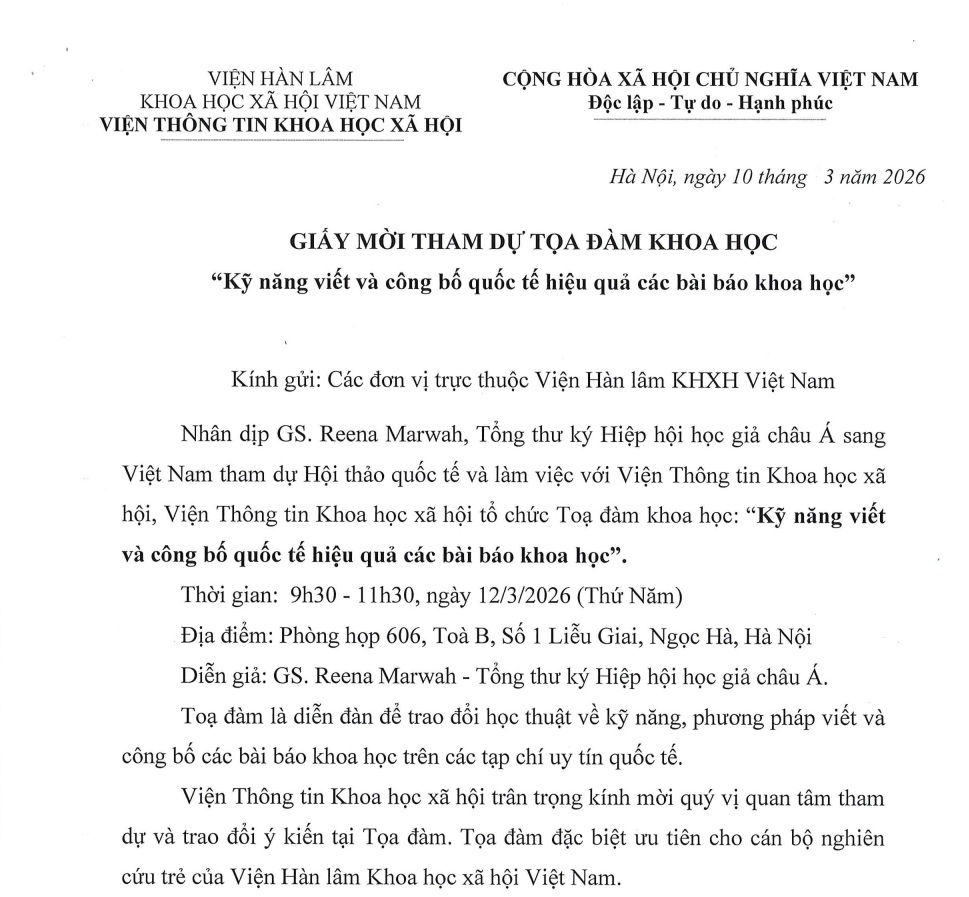 Giấy mời tham dự Tọa đàm khoa học “Kỹ năng viết và công bố quốc tế hiệu quả các bài báo khoa học”