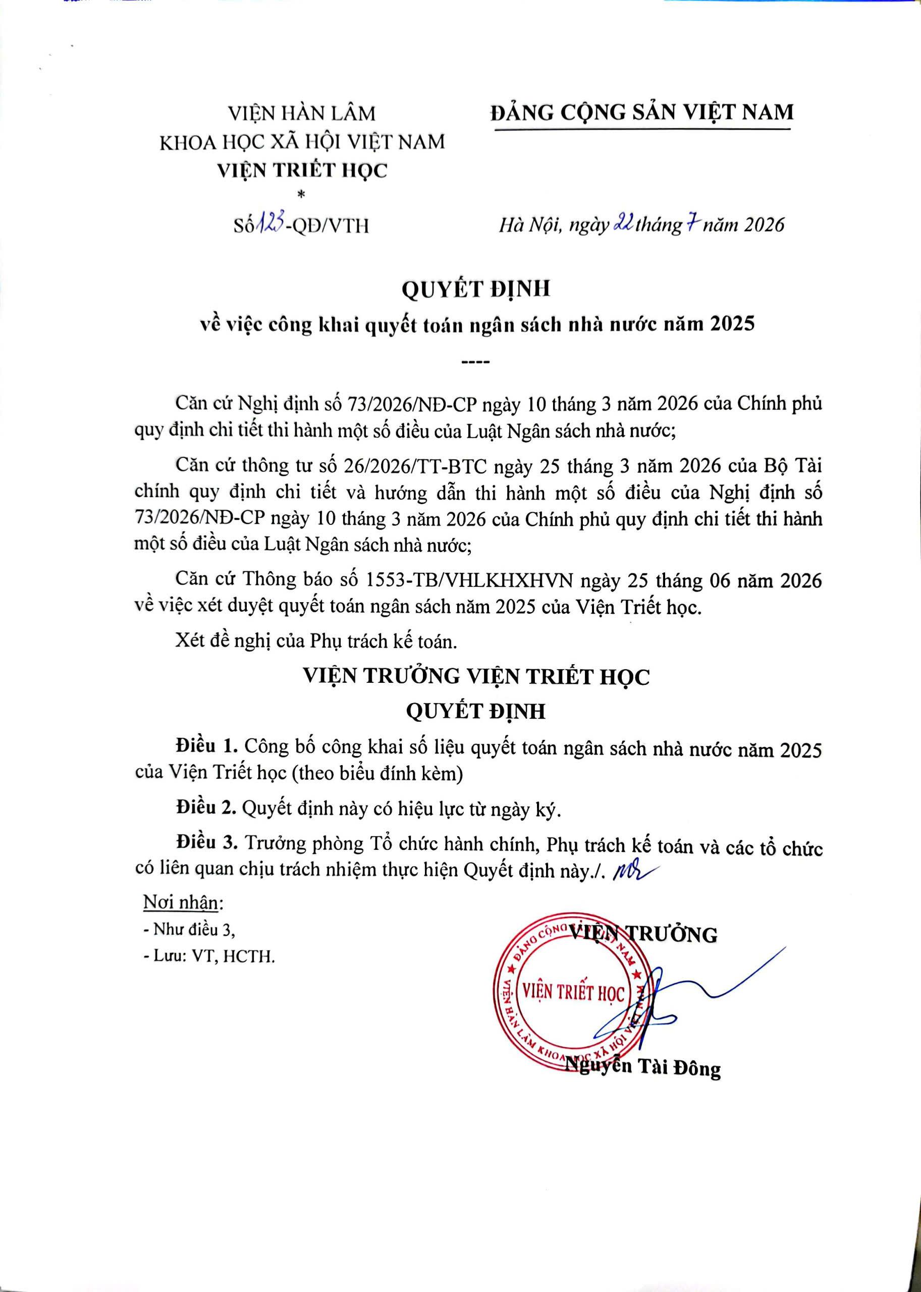QUYẾT ĐỊNH Số: 123/QĐ-VTH về việc công khai quyết toán ngân sách nhà nước năm 2025