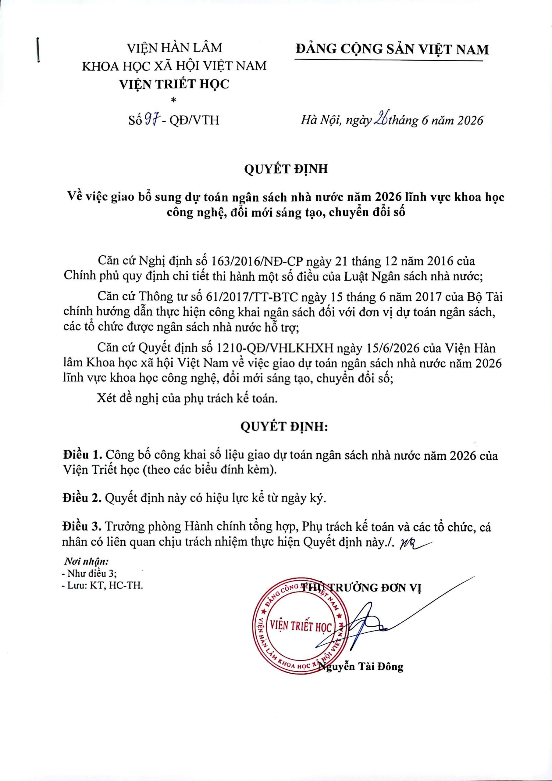 Quyết định: Số 97 - QĐ/VTH Về việc giao bổ sung dự toán ngân sách nhà nước năm 2026 lĩnh vực khoa học công nghệ, đổi mới sáng tạo, chuyển đổi số