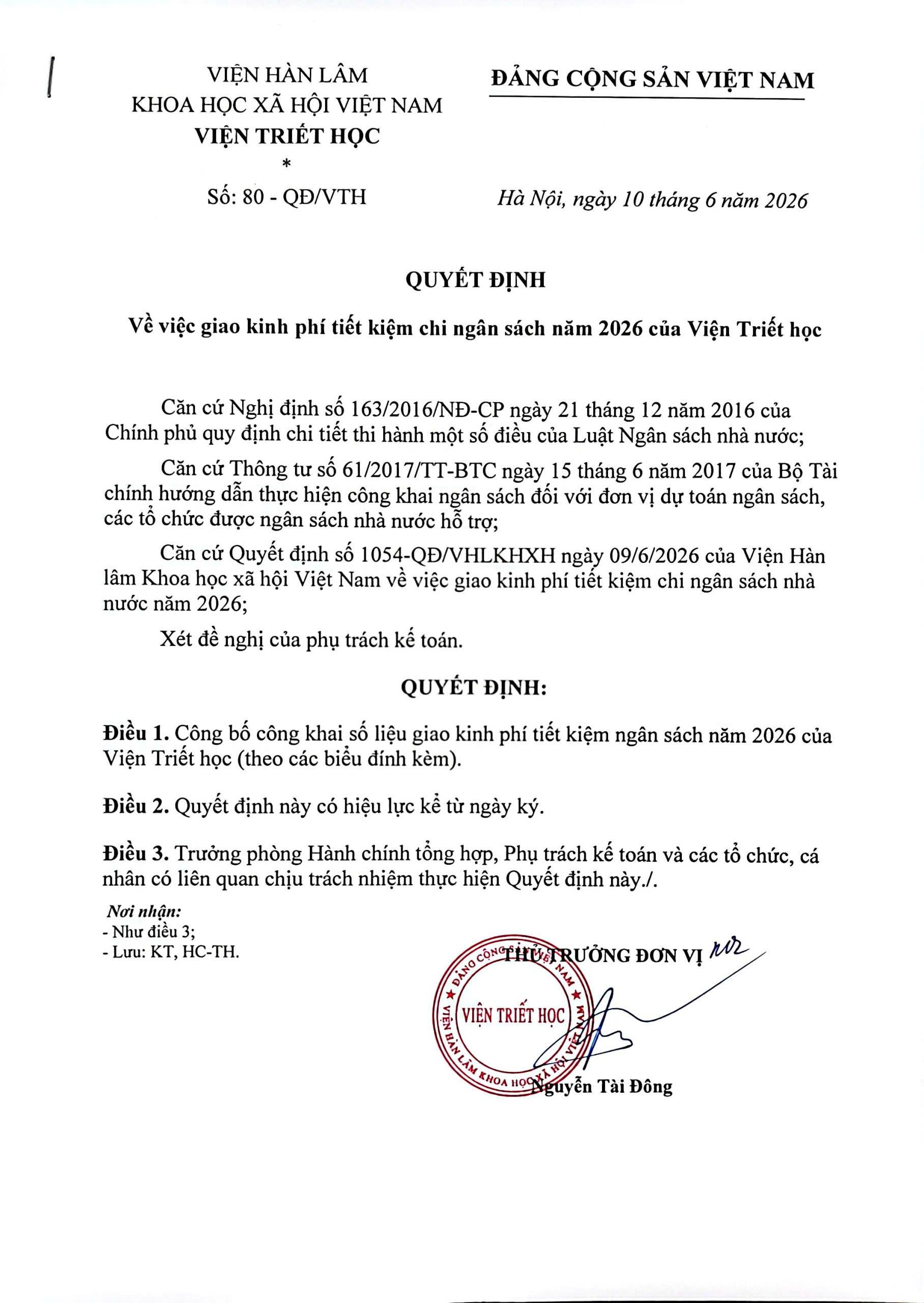 Quyế định số 80 - QĐ/VTH Về việc giao kinh phí tiết kiệm chi ngân sách năm 2026 của Viện Triết học